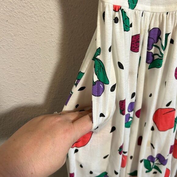 VTG 90s Fruit Print Midi Dress Womens S White Knit Cotton Blend Fit Flare - Picture 7 of 11